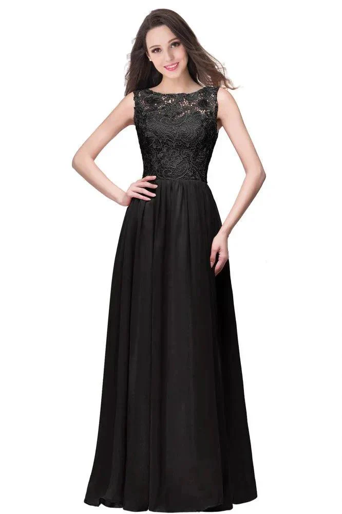 A-line Sleeveless Crew Floor-length Lace Top Chiffon Prom Dresses - Image 6