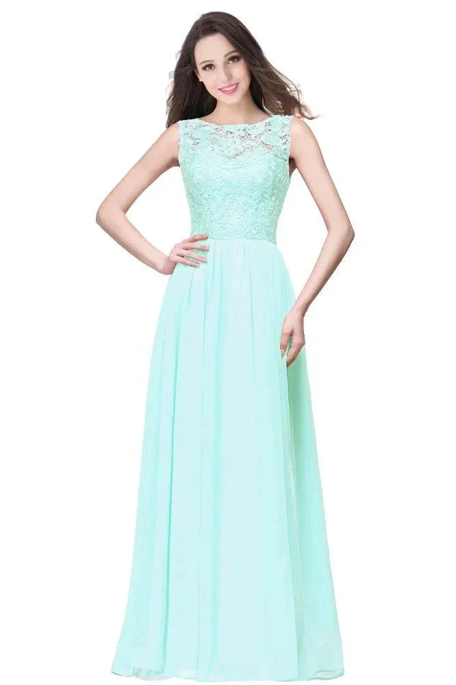 A-line Sleeveless Crew Floor-length Lace Top Chiffon Prom Dresses - Image 8