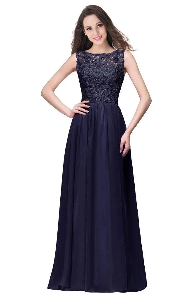 A-line Sleeveless Crew Floor-length Lace Top Chiffon Prom Dresses - Image 9