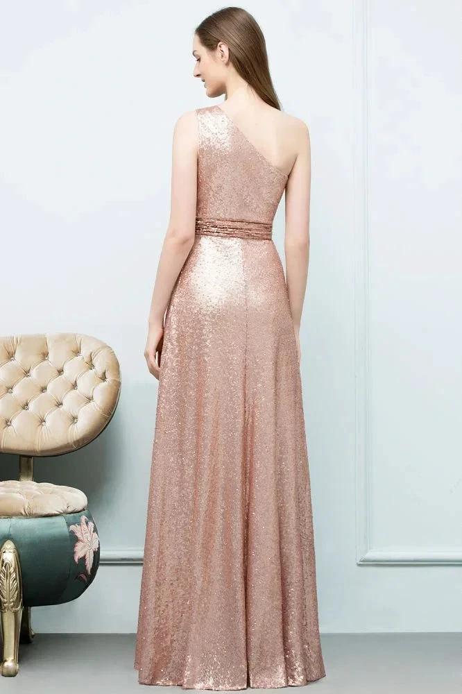 A-line Sleeveless Floor Length One-shoulder Sequins Prom Dresses - Image 2