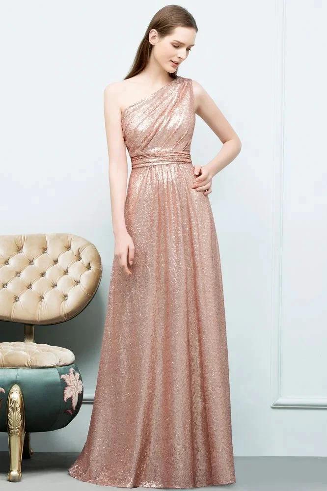A-line Sleeveless Floor Length One-shoulder Sequins Prom Dresses - Image 3