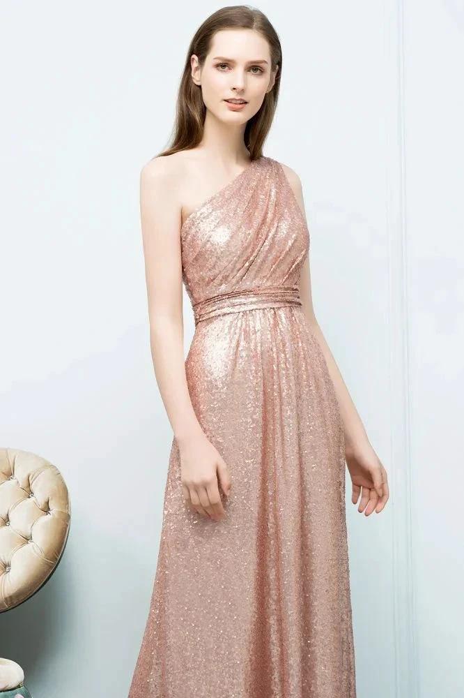 A-line Sleeveless Floor Length One-shoulder Sequins Prom Dresses - Image 4
