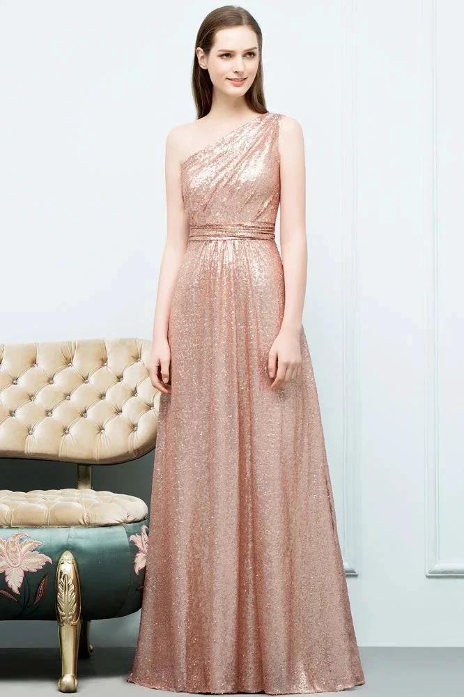 A-line Sleeveless Floor Length One-shoulder Sequins Prom Dresses - Image 5