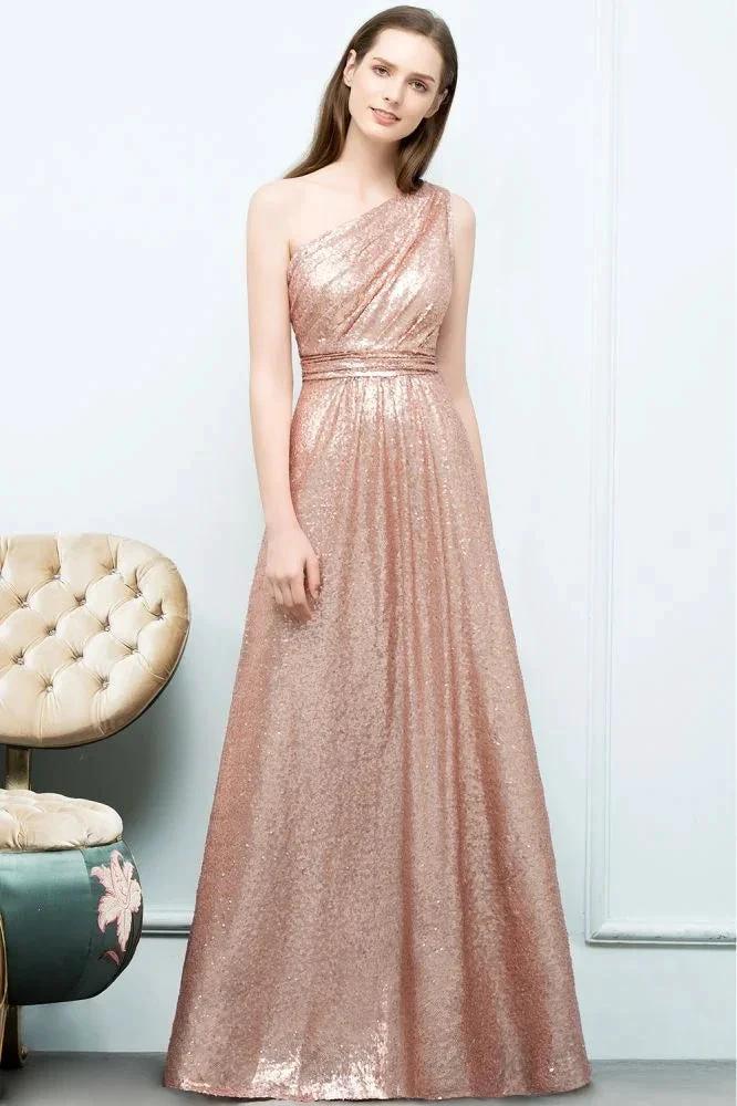 A-line Sleeveless Floor Length One-shoulder Sequins Prom Dresses - Image 6