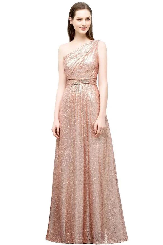 A-line Sleeveless Floor Length One-shoulder Sequins Prom Dresses - Image 8