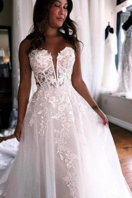 A-Line Sleeveless Floor-Length Tulle Sweetheart Wedding Dresses with Appliques - Image 2