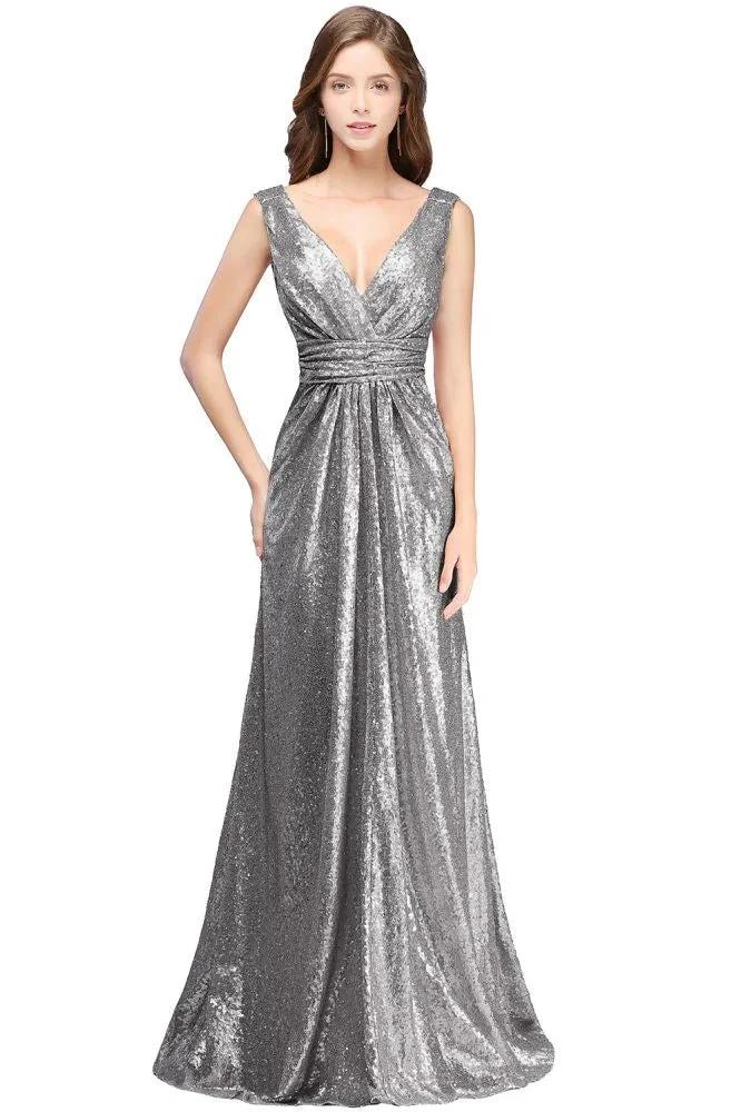 A-line Sleeveless Floor-length V-neck Sequins Prom Dresses - Image 3