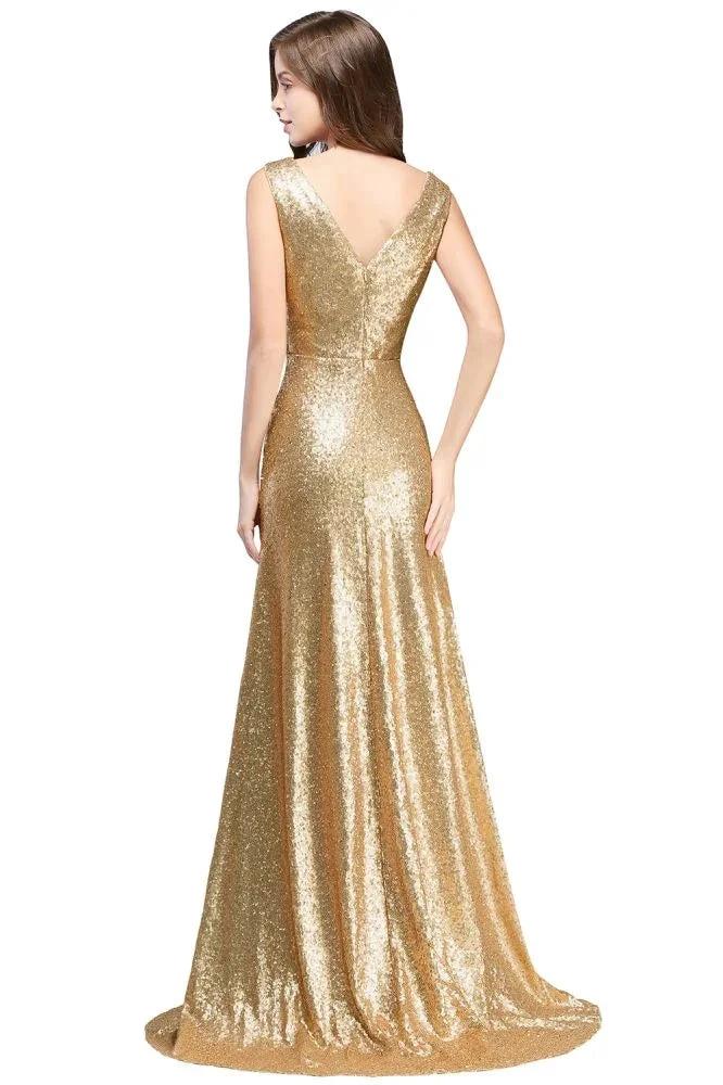 A-line Sleeveless Floor-length V-neck Sequins Prom Dresses - Image 4