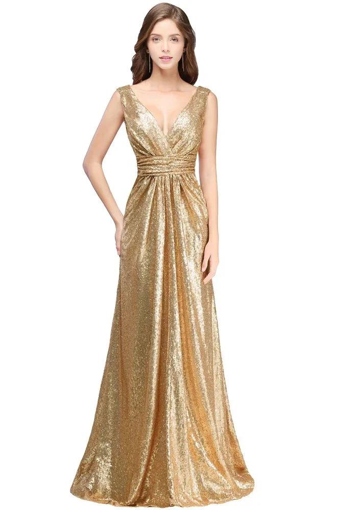 A-line Sleeveless Floor-length V-neck Sequins Prom Dresses - Image 5
