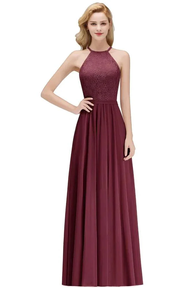 A-line Sleeveless Halter Long Lace Chiffon Bridesmaid Dress - Image 2