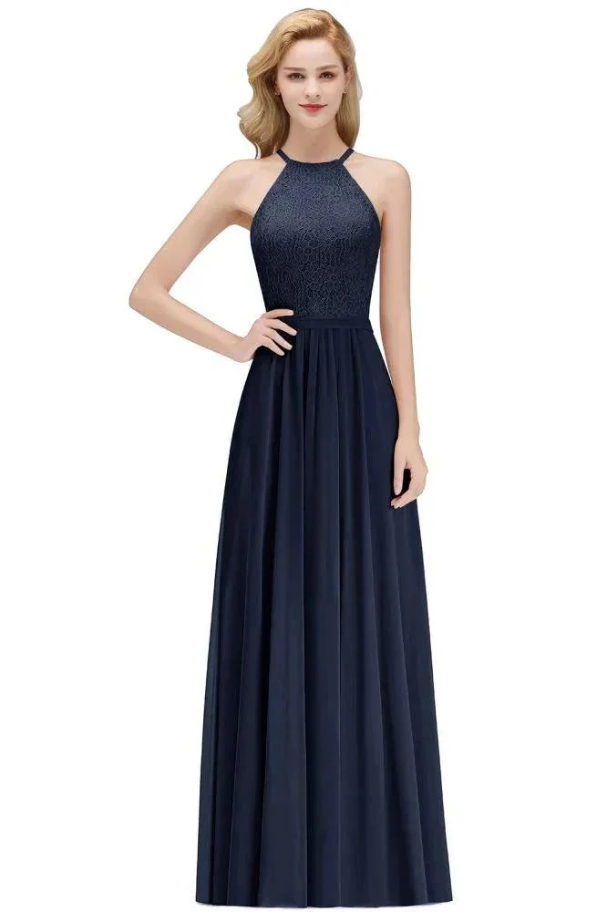 A-line Sleeveless Halter Long Lace Chiffon Bridesmaid Dress - Image 3