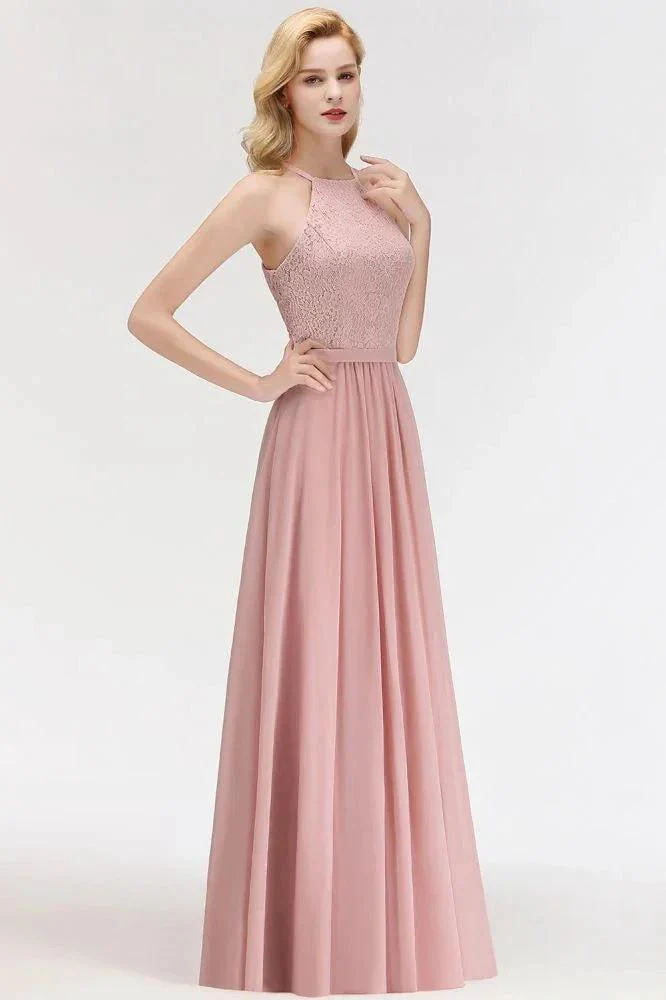 A-line Sleeveless Halter Long Lace Chiffon Bridesmaid Dress - Image 4