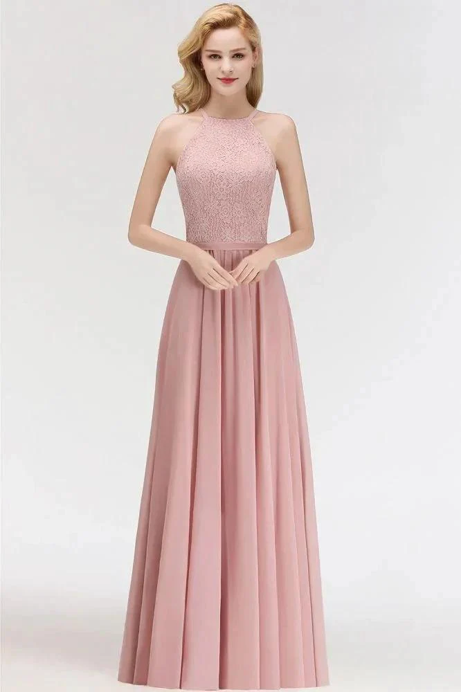A-line Sleeveless Halter Long Lace Chiffon Bridesmaid Dress - Image 5