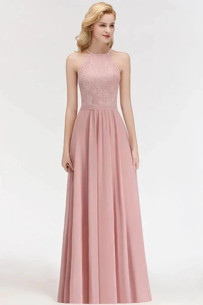 A-line Sleeveless Halter Long Lace Chiffon Bridesmaid Dress - Image 6