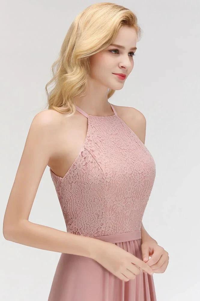 A-line Sleeveless Halter Long Lace Chiffon Bridesmaid Dress - Image 7