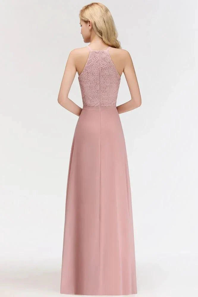 A-line Sleeveless Halter Long Lace Chiffon Bridesmaid Dress - Image 8
