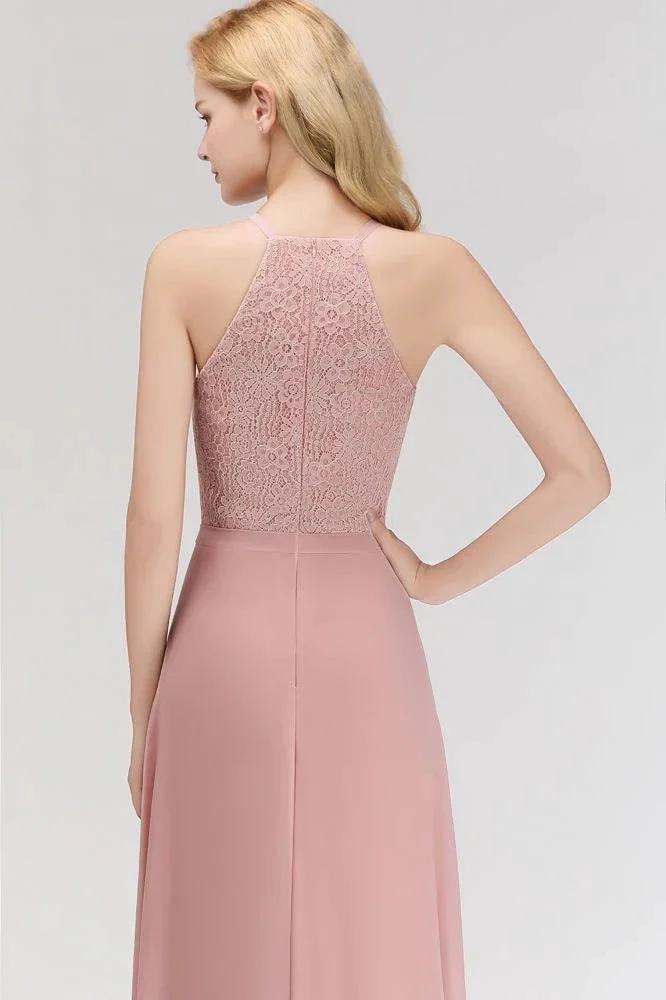 A-line Sleeveless Halter Long Lace Chiffon Bridesmaid Dress - Image 9