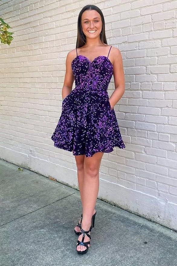 A line spaghetti strap prom dress short prom dresses sequin SYH94 - Image 2
