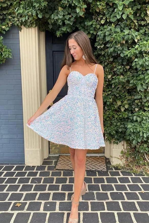 A line spaghetti strap prom dress short prom dresses sequin SYH94 - Image 3