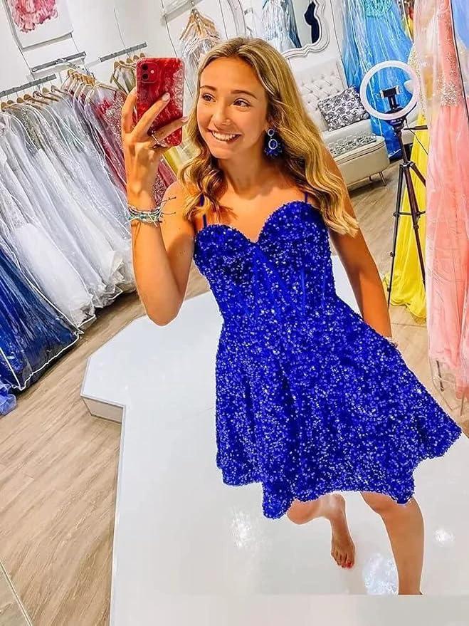 A line spaghetti strap prom dress short prom dresses sequin SYH94 - Image 4