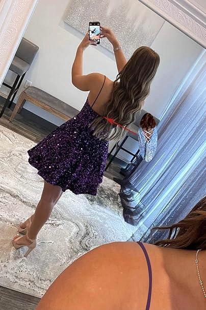 A line spaghetti strap prom dress short prom dresses sequin SYH94 - Image 5