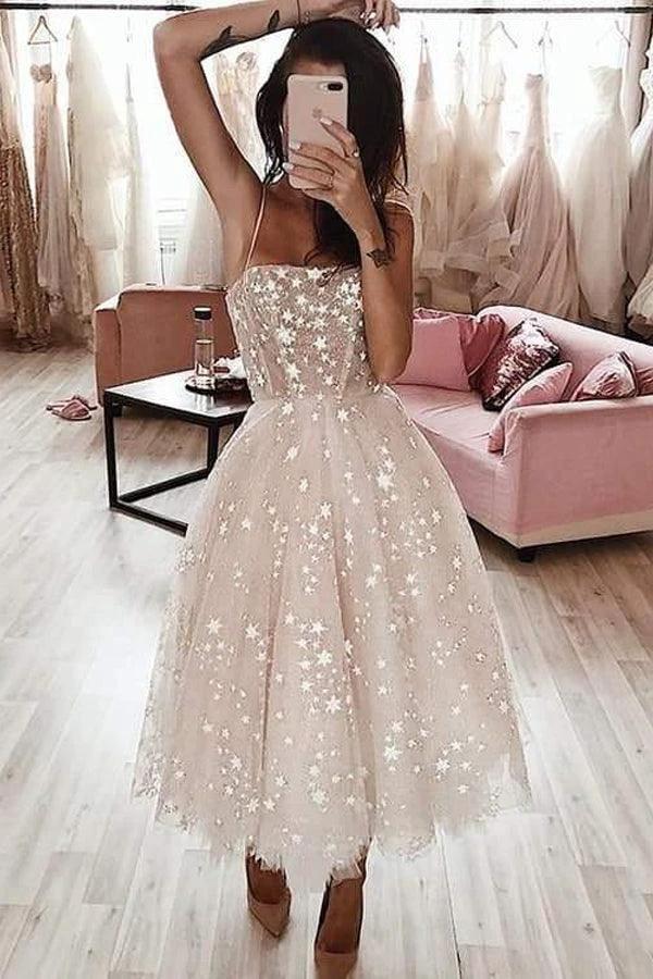A Line Spaghetti Strap Tea Length Pearl Pink Homecoming Dress With Beading PD349 - Image 2