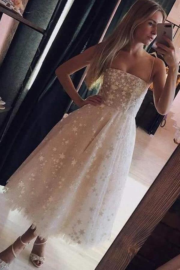 A Line Spaghetti Strap Tea Length Pearl Pink Homecoming Dress With Beading PD349 - Image 3