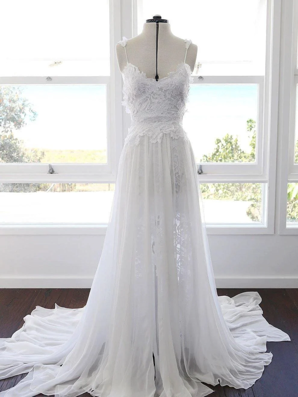 A-line Spaghetti Strap White Lace Chiffon Beach Wedding Bridal Dresses  WD290 - Image 3