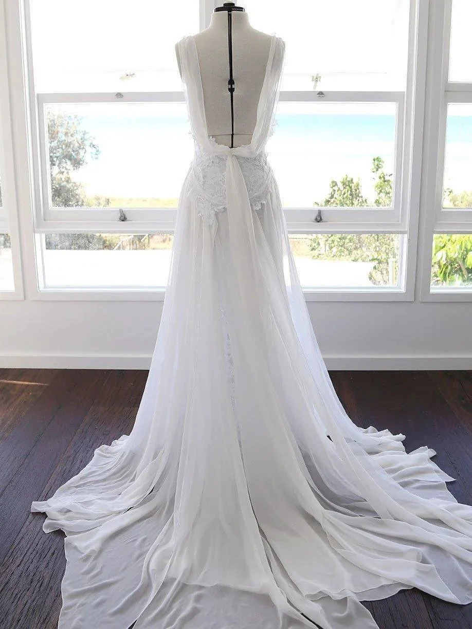 A-line Spaghetti Strap White Lace Chiffon Beach Wedding Bridal Dresses  WD290 - Image 4