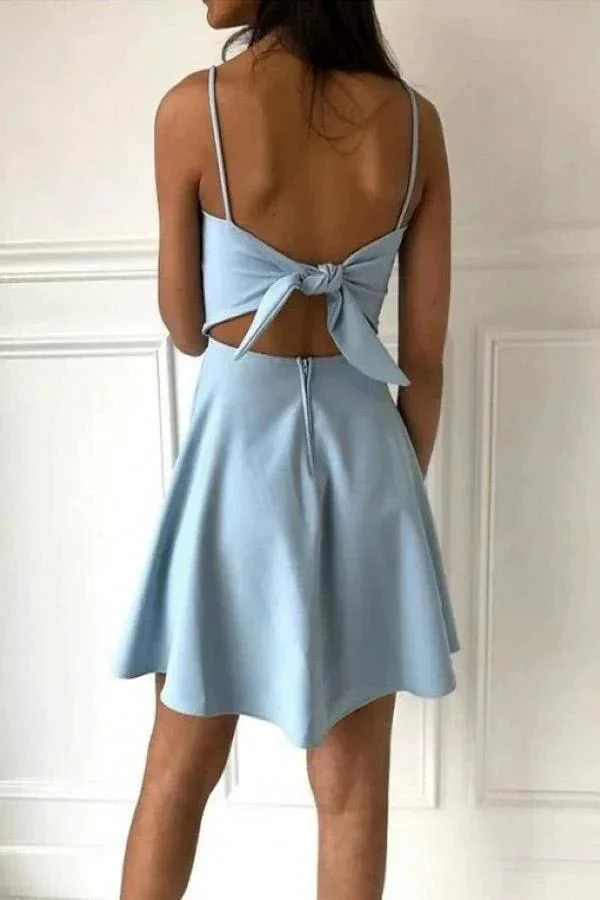 A-Line Spaghetti Straps Above-Knee Light Blue Satin Homecoming Dress PD390 - Image 2