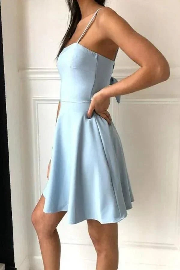 A-Line Spaghetti Straps Above-Knee Light Blue Satin Homecoming Dress PD390 - Image 3