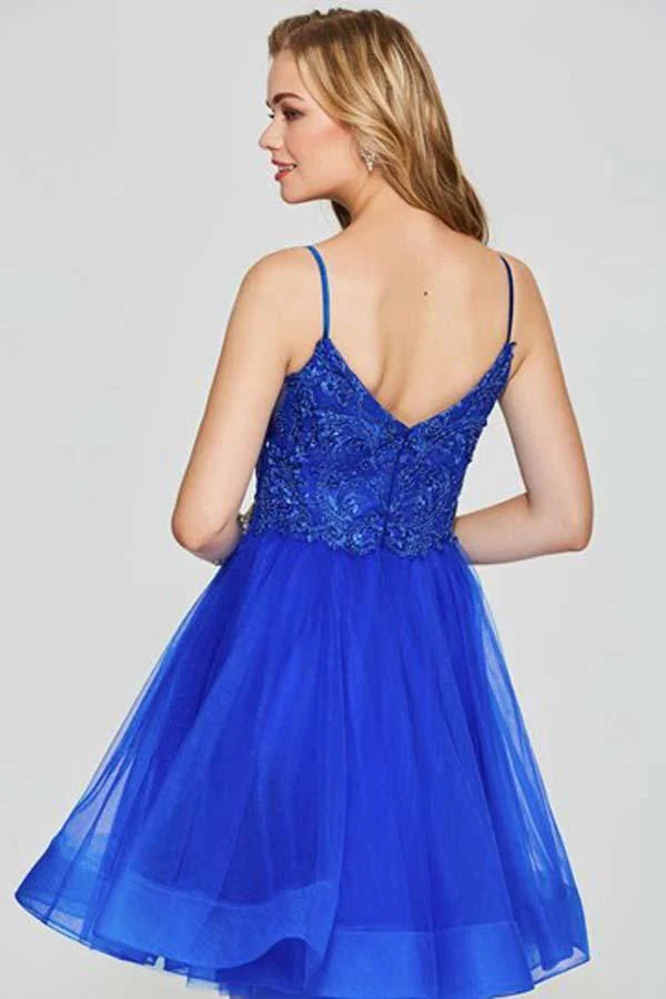 A-Line Spaghetti Straps Appliques Beading Tulle Short Homecoming Dress PD045 - Image 2
