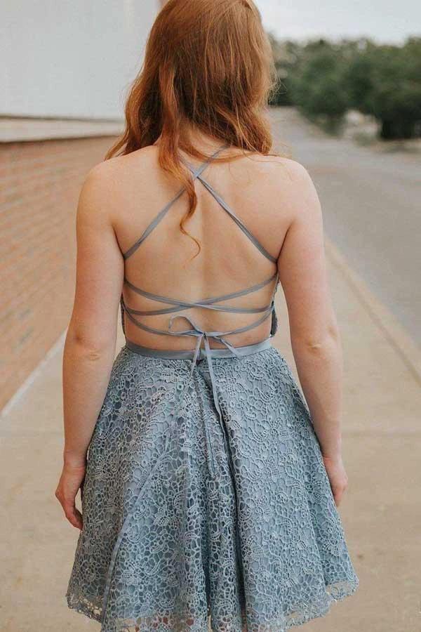 A-Line Spaghetti Straps Backless Above-Knee Blue Lace Homecoming Dress  PD273 - Image 2