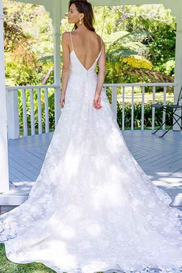 A-Line Spaghetti Straps Backless Long Lace Wedding Dress WD267 - Image 2