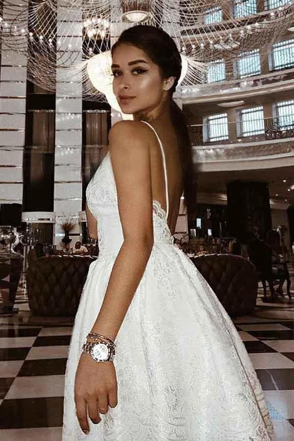 A-Line Straps Backless White Lace Homecoming Dress with Appliques PD209 - Image 2