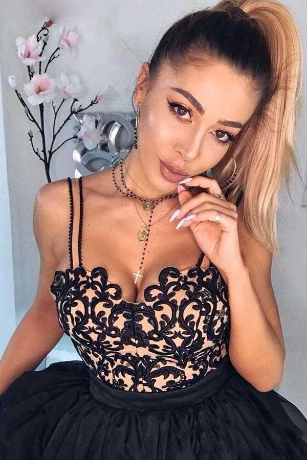 A-Line Spaghetti Straps Black Chiffon Homecoming Dress with Appliques PD068 - Image 2