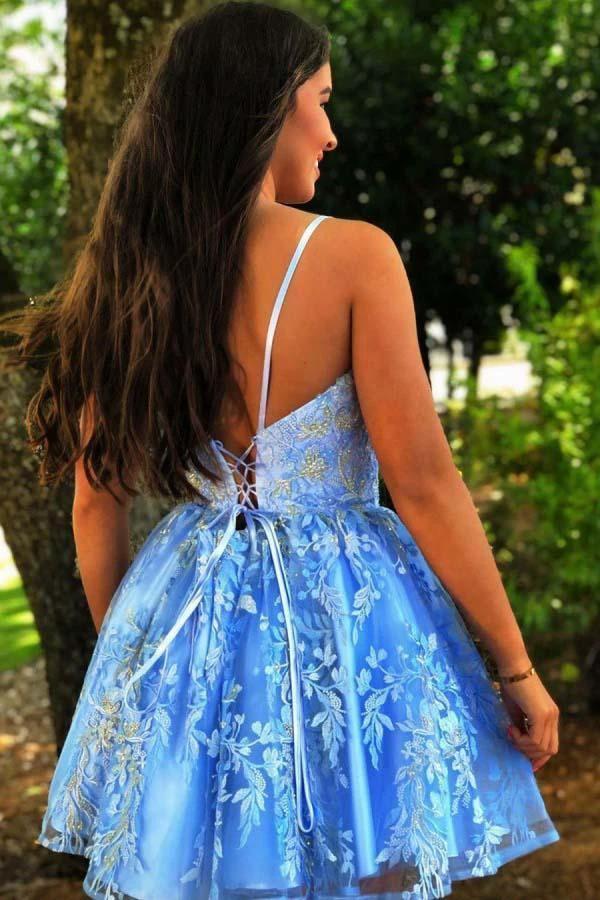 A Line Spaghetti Straps Blue Criss-Cross Homecoming Dress With Appliques PD375 - Image 3