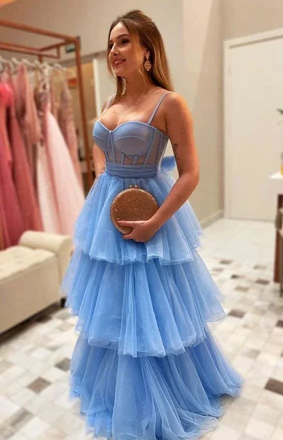 A-line Spaghetti Straps Blue Tulle Layered Prom Dress Blue Graduation Dress Charming Evening Dress Y453 - Image 2