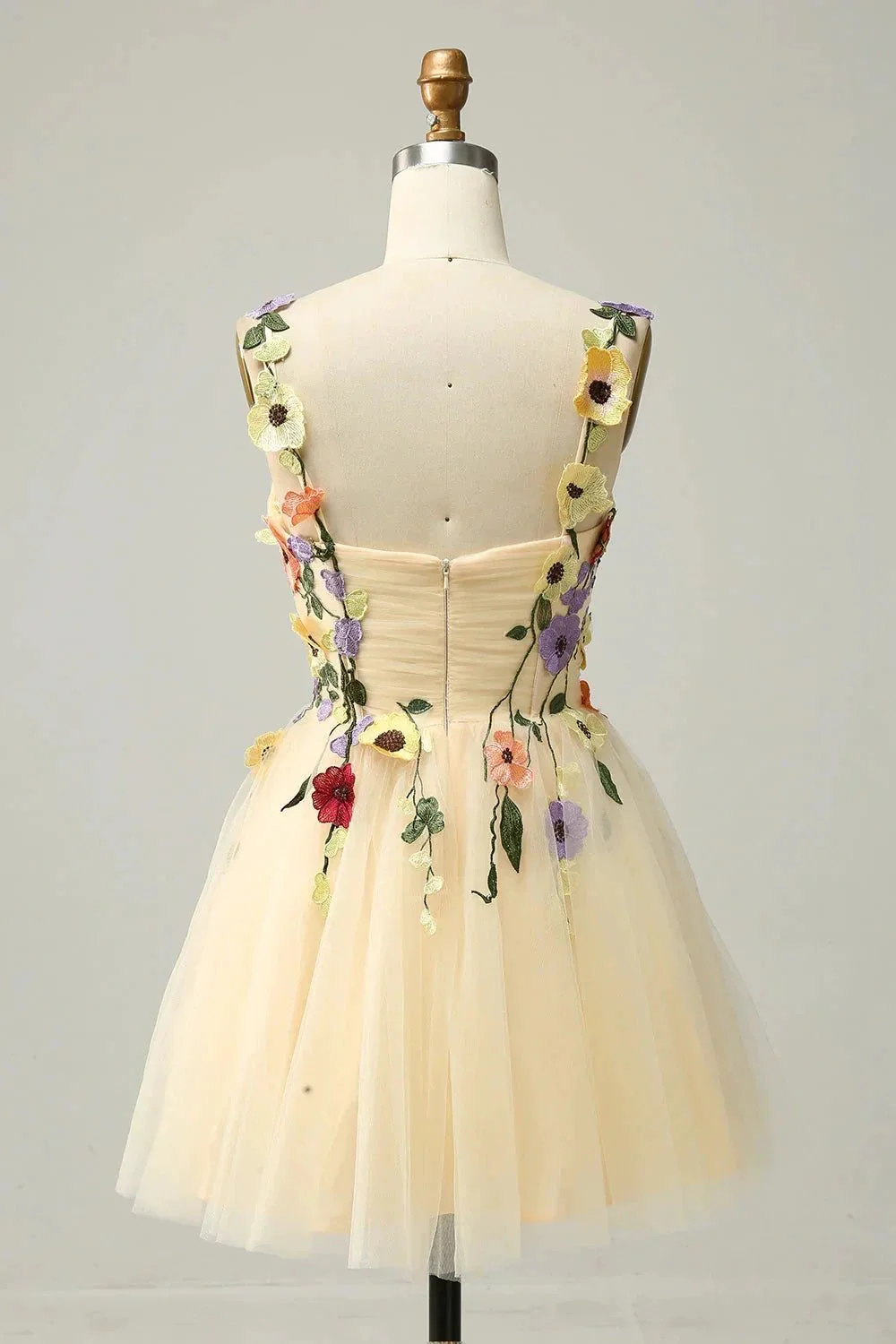 Champagne A Line Spaghetti Straps Short Homecoming Dress with Appliques - Image 2
