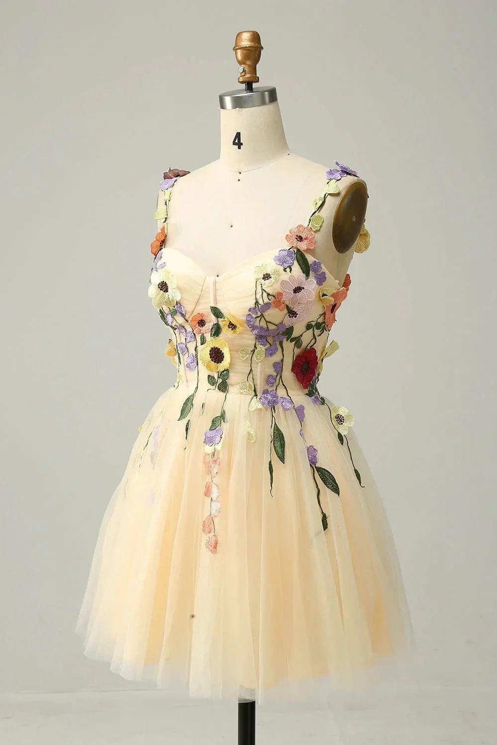 Champagne A Line Spaghetti Straps Short Homecoming Dress with Appliques - Image 3