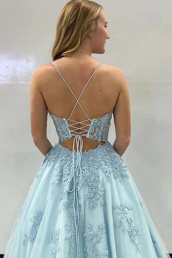 A-Line Spaghetti Straps Corset Back long Prom Dress With Appliques  PSK435 - Image 2