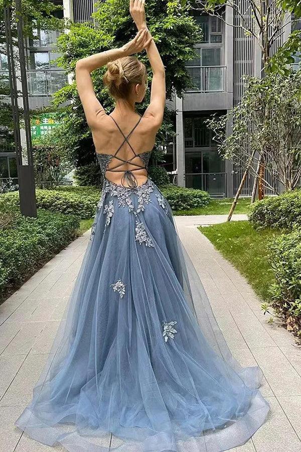 A Line Spaghetti Straps Corset Back Split Long Prom Dress PSK515 - Image 2