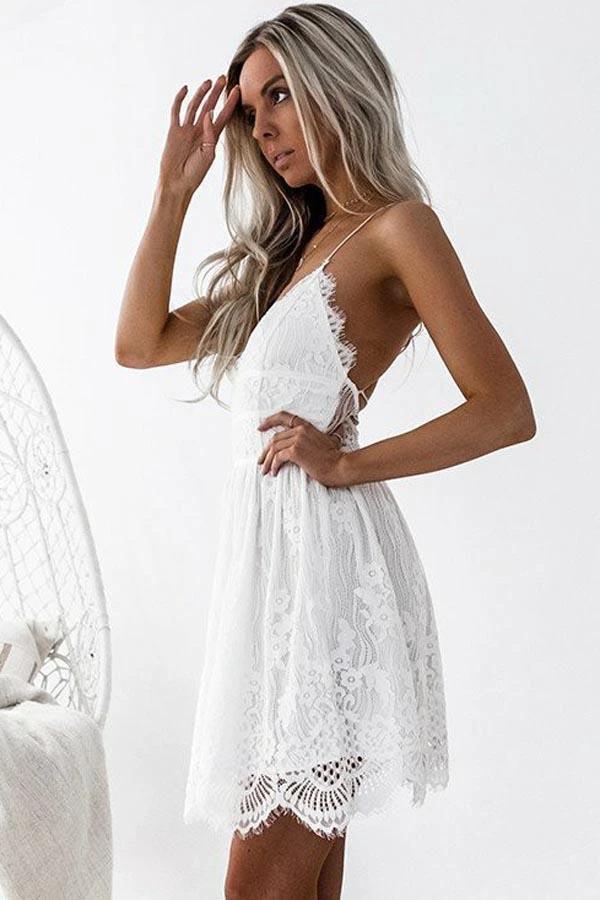A-Line Spaghetti Straps Criss-Cross Straps White Lace Homecoming Dress PG191 - Image 2