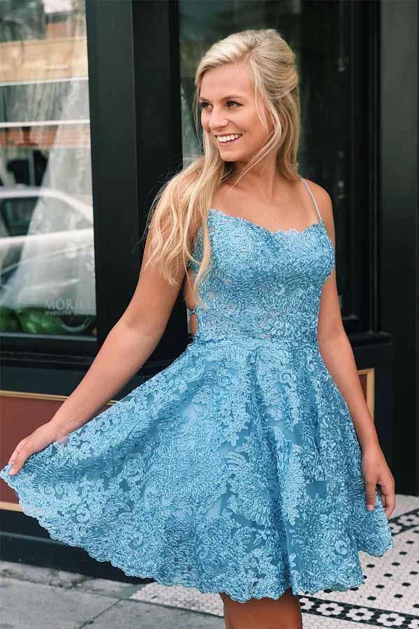 A Line Spaghetti Straps Cross Back Blue Lace Short Prom Dresses PD259 - Image 2
