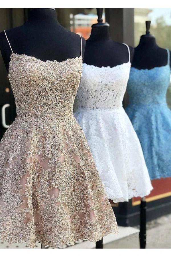 A Line Spaghetti Straps Cross Back Blue Lace Short Prom Dresses PD259 - Image 6