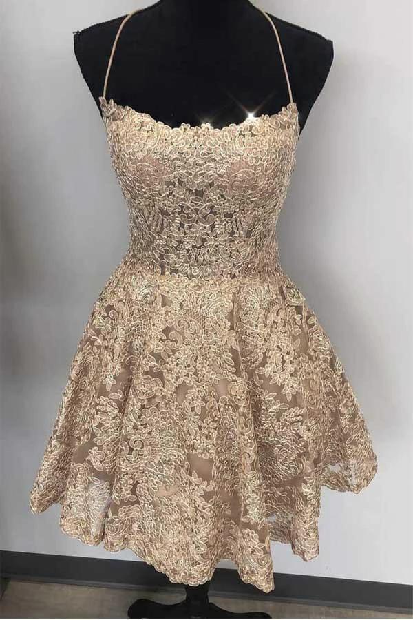 A Line Spaghetti Straps Cross Back Blue Lace Short Prom Dresses PD259 - Image 7