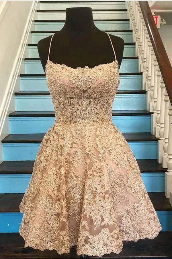 A Line Spaghetti Straps Cross Back Blue Lace Short Prom Dresses PD259 - Image 8