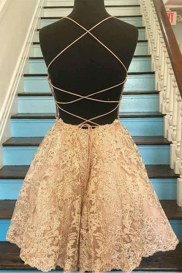 A Line Spaghetti Straps Cross Back Blue Lace Short Prom Dresses PD259 - Image 9