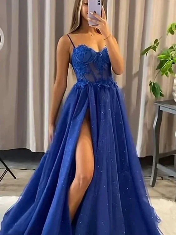 A-line Spaghetti Straps Dark Blue Long Evening Dress with Slit Y5993 - Image 2