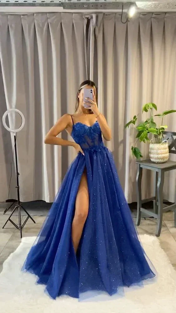 A-line Spaghetti Straps Dark Blue Long Evening Dress with Slit Y5993 - Image 3